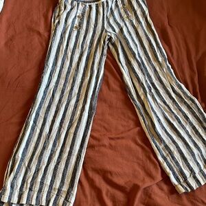 Wide-Leg Striped Pull Up Linen Blend Pants, S,  in  Black, Tan, and Cream